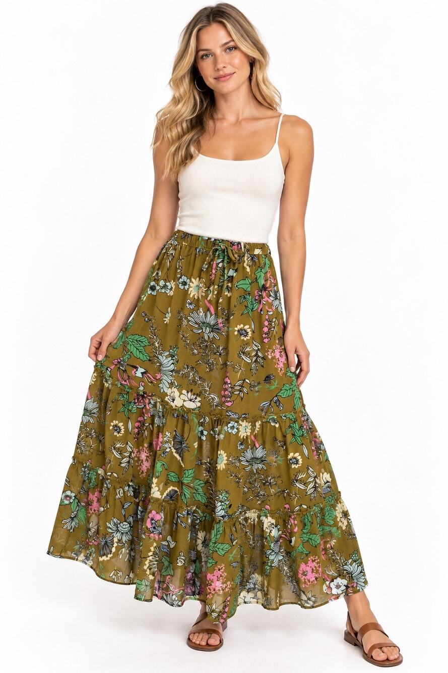 Aerie Khaki Green Floral Print Elastic Waist Tiered A-Line Maxi Skirt